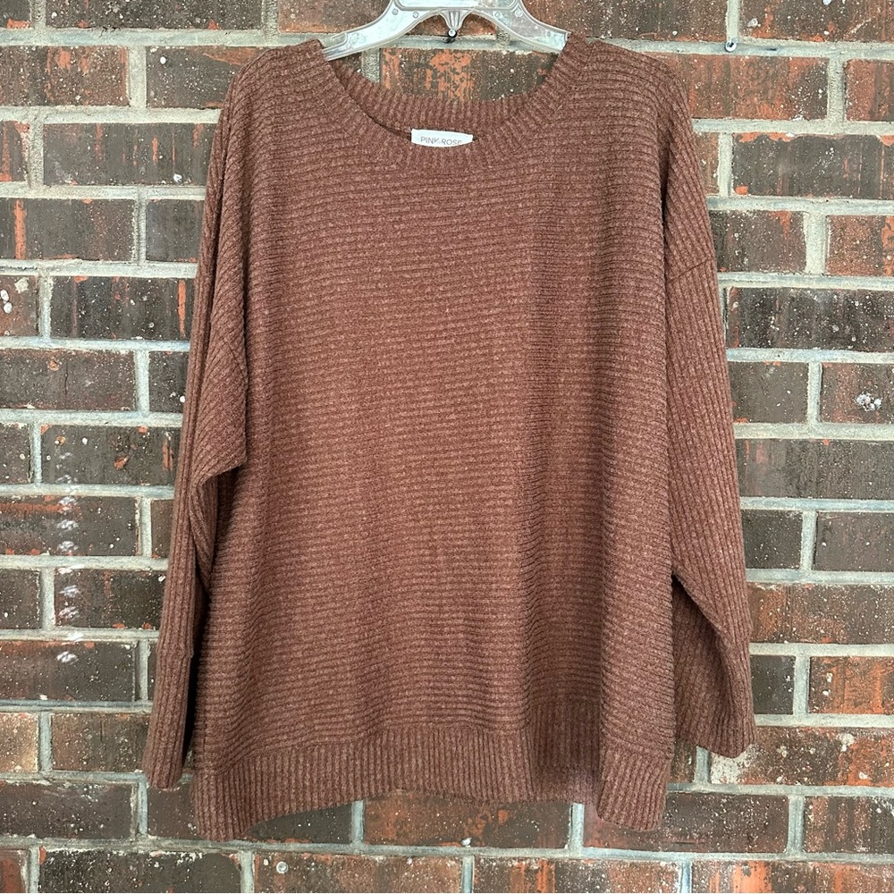 NWOT Brown Pink Rose Plus Size Long Sleeve Ribbed Top